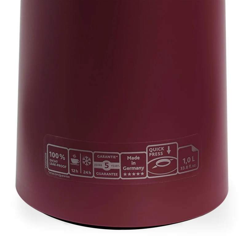 EMSA Motiva Isolierkanne, Isokanne, Kanne, Kaffeekanne, Edelstahl, Glas-Isolierkolben, Weinrot, 1 L, N41702