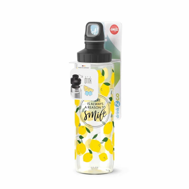 EMSA Drink2Go TRITAN Trinkflasche Smile Zitronen, Wasserflasche, Flasche, 0.7 L, N30313