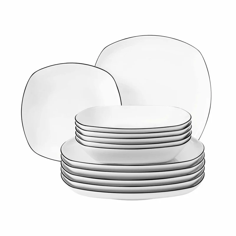 Seltmann Weiden Lido Black Line Tafelservice Eckig, Geschirrset, Service, Geschirr Set, Porzellan, Schwarzer Rand, 12-tlg., 1750857