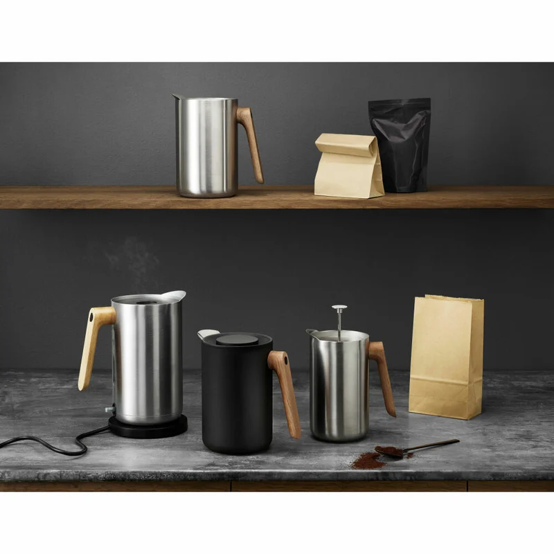 Eva Solo Isolierkanne Nordic kitchen, Thermo-Kanne, Teekanne, Kaffekanne, Kunststoff/Edelstahl/Eiche, Schwarz, 1 L, 502756