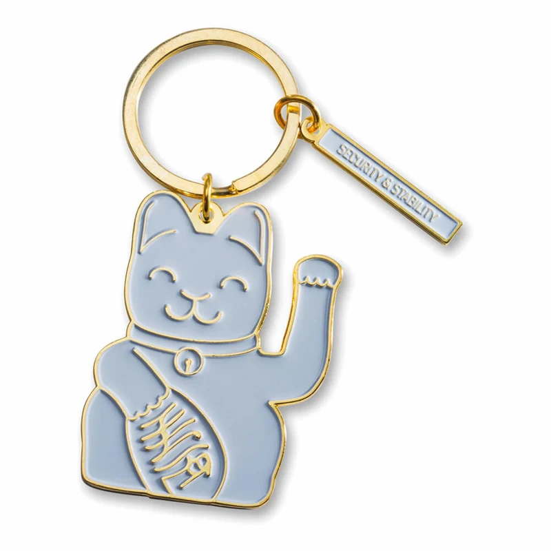 Donkey Products Winkekatze Lucky Cat Key Ring Grey, Schlüsselanhänger, Schlüsselring, Motiv Talisman Katze, Maneki Neko, Liebe und Romantik, Messing, Grau / Goldfarben, ca. 12.5 cm, 400933