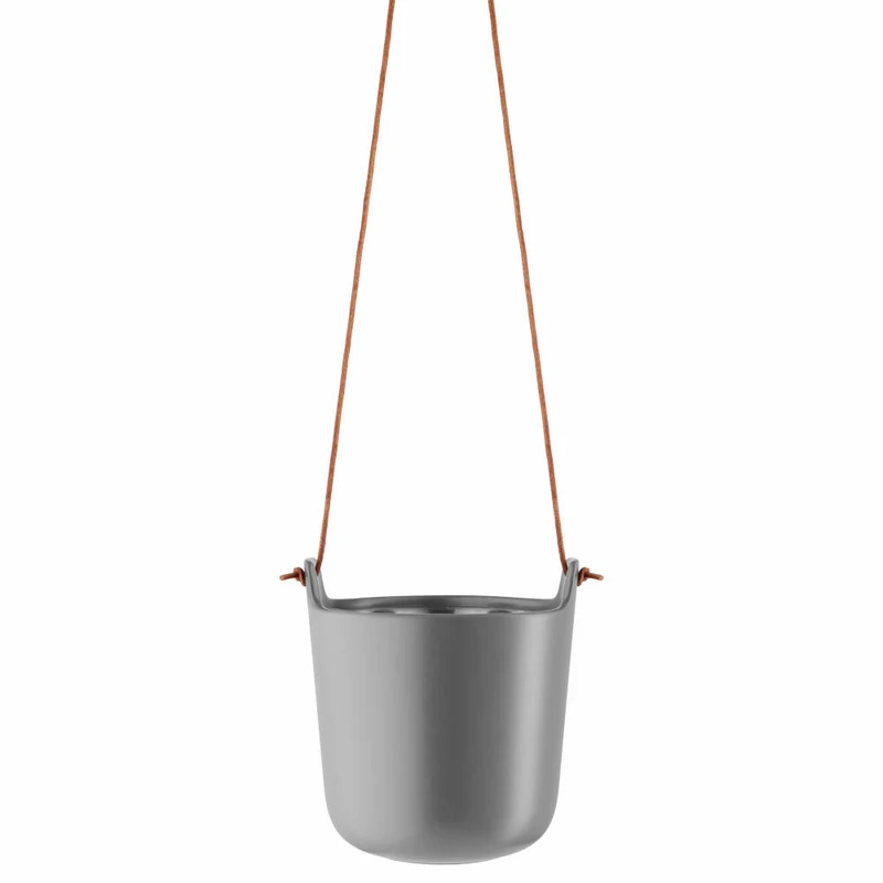 Eva Solo Selbstbewässernder Topf Hängend, Kräutertopf, Übertopf, Dekoration, Pflanzen, Steinzeug und Kunststoff/Nylon/Lederband, Nordisch Grau, Ø 15 cm, 568161