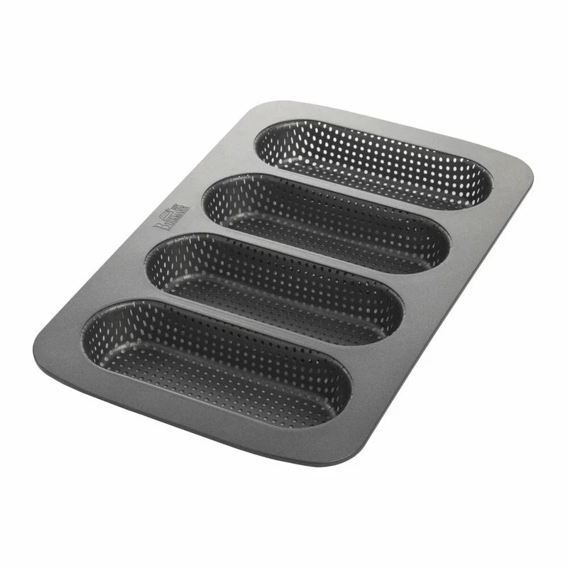 Birkmann Laib und Seele, Backform für Hot Dog Brötchen, Brotbackform, 4-fach, Stahlblech, Schwarz, 35 x 22 x 3 cm, 210394