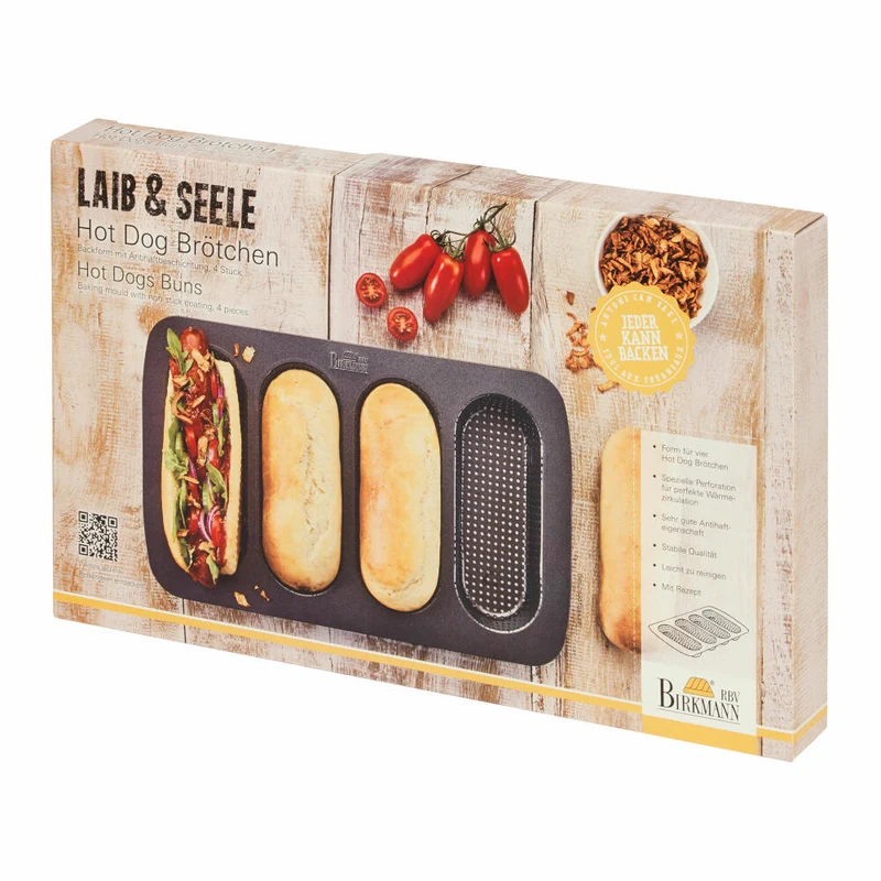 Birkmann Laib und Seele, Backform für Hot Dog Brötchen, Brotbackform, 4-fach, Stahlblech, Schwarz, 35 x 22 x 3 cm, 210394