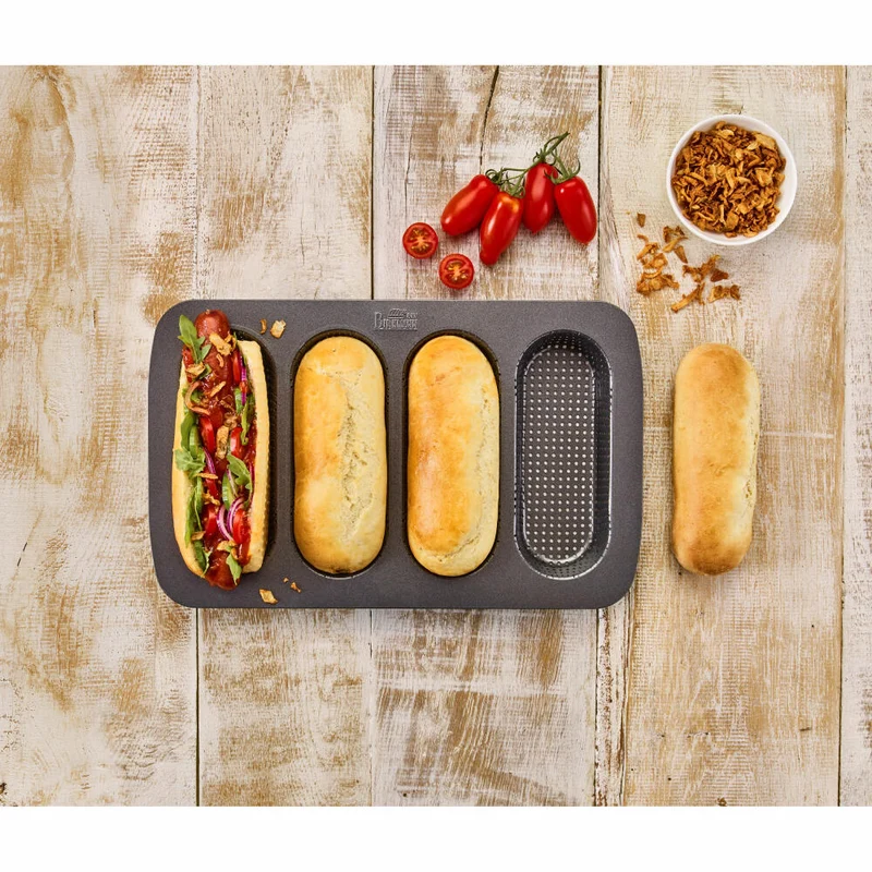 Birkmann Laib und Seele, Backform für Hot Dog Brötchen, Brotbackform, 4-fach, Stahlblech, Schwarz, 35 x 22 x 3 cm, 210394