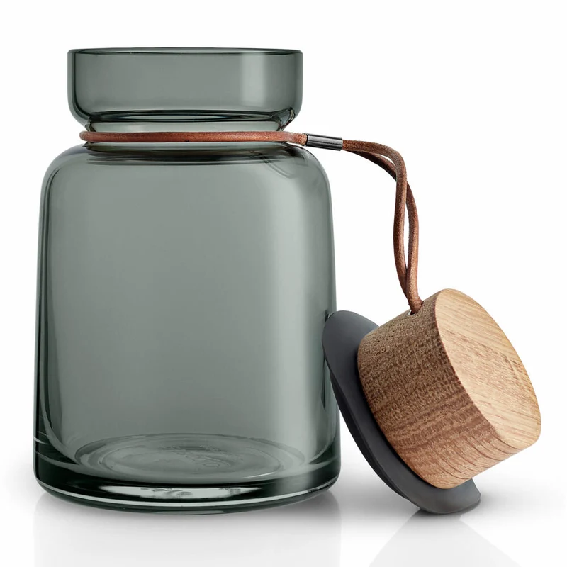 Eva Solo Silhouette Aufbewahrungsglas, Vorratsglas, Glasbehälter, Einmachglas, Rauchglas/Holz/Silikon/Leder, 0.7 L, 591501