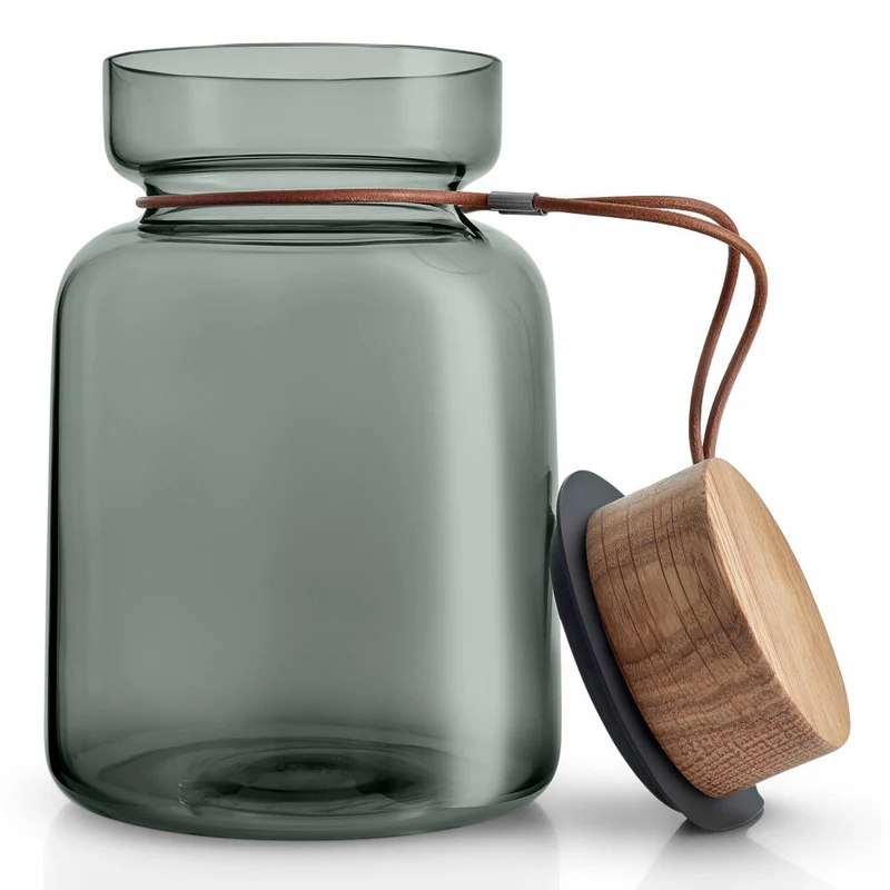 Eva Solo Silhouette Aufbewahrungsglas, Vorratsglas, Glasbehälter, Einmachglas, Rauchglas/Holz/Silikon/Leder, 1.5 L, 591503