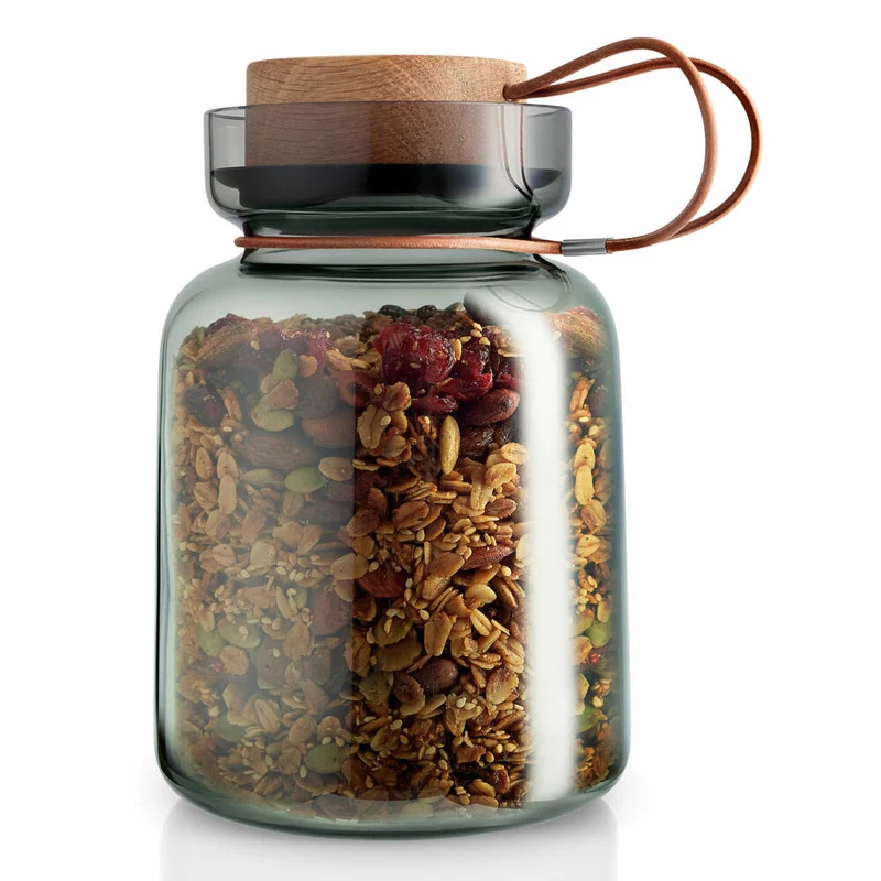 Eva Solo Silhouette Aufbewahrungsglas, Vorratsglas, Glasbehälter, Einmachglas, Rauchglas/Holz/Silikon/Leder, 1.5 L, 591503