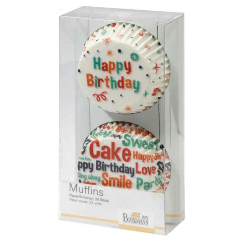 Birkmann Happy Birthday Papierförmchen, 24 Stück, Cupcakeförmchen, Backförmchen, Papierbackförmchen, Papier, Weiß, Ø 7 cm, 440616