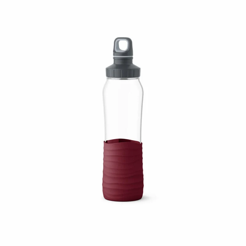 EMSA Drink2Go Glas-Trinkflasche, Wasserflasche, Flasche, Glas / Silikon, Weinrot, 0.7 L, N31007