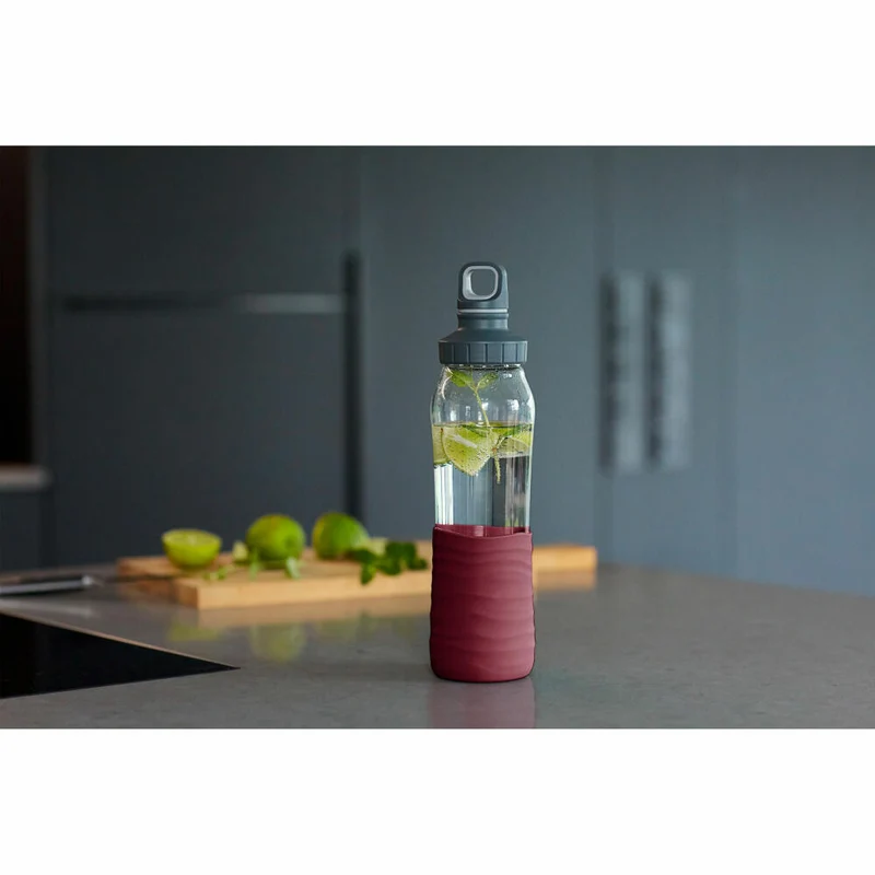 EMSA Drink2Go Glas-Trinkflasche, Wasserflasche, Flasche, Glas / Silikon, Weinrot, 0.7 L, N31007