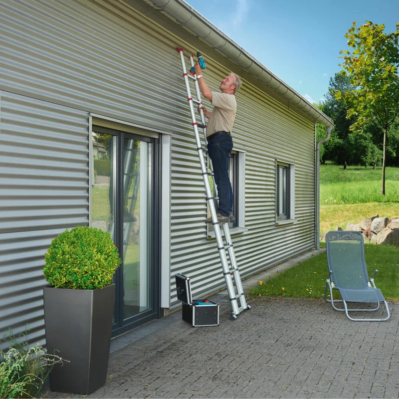 Hailo Sicherheits-Teleskopleiter FlexLine, Ausziehleiter, Leiter, Aluminium, Silber, 11 Sprossen, 7113-111
